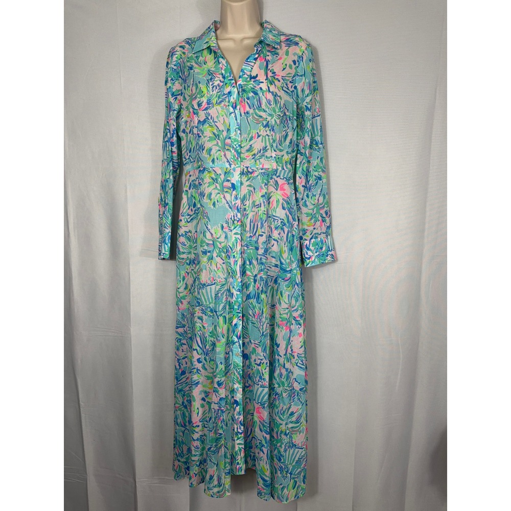 Lilly Pulitzer Maxi Dress Cotton Button Front Floral Tropical Blue Pink 8